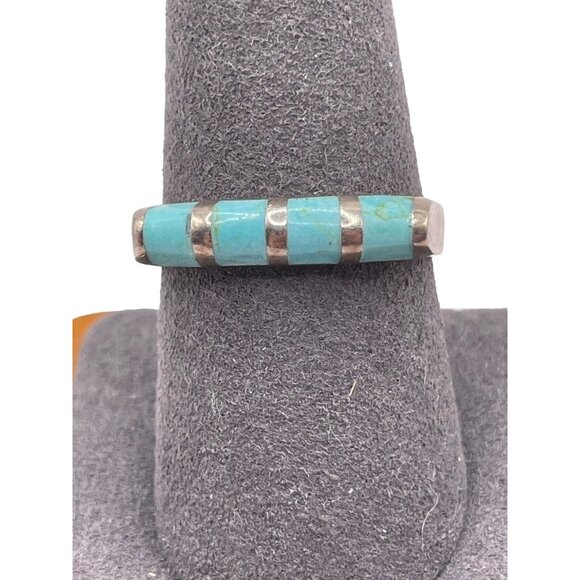 Sterling Silver 925 Southwestern Turquoise Inlay Ring Size 8.5 Vintage Bar Set